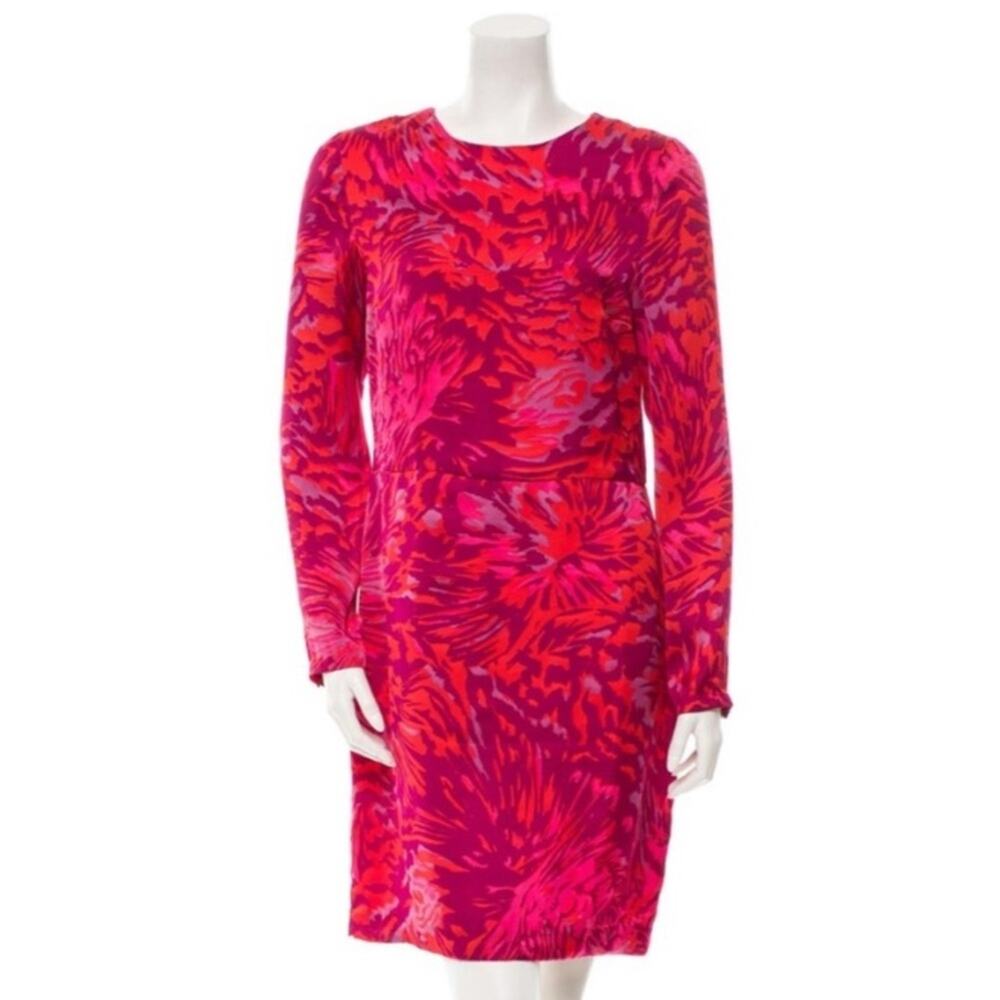 Adam Lippes 100% Silk Dress Long Sleeve Keyhole Abstract Tropical Red Purple 0